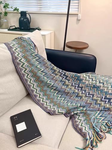 Throw Blanket Bohemian Knitted with Tassel 50x60 Inch (Blue) - color: Blue