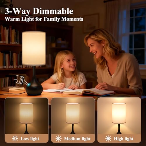 ONEWISH Touch Bedside Lamp for Bedroom, 3-Way Dimmable Table Lamps for Nightstand, White Fabric Shade Desk Lamp for Kids Reading, Living Room, Home Office - color: White Linen Drum Shade & Black Base