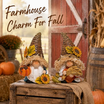 Hodao Thanksgiving Decor Harvest Elf Figurines with Pumpkin Sunflower - color: Brown-2 Pcs
