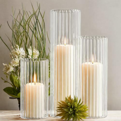 Sandraheer 24-Pc Set: 12 Ivory Pillar Candles & 12 Ribbed Cylinder Vases