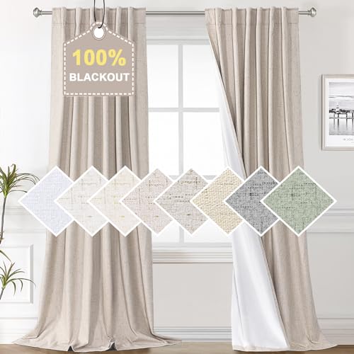 H.VERSAILTEX 100% Blackout Curtains for Bedroom 84 Inches Long, Back Tab/Rod Pocket Faux Linen Black Out Cute Curtains 2 Panels Thermal Insulated Curtains & Drapes for Living Room - Natural W52 x L84 - color: Natural, size: 52"W x 84"L (Pack of 2)