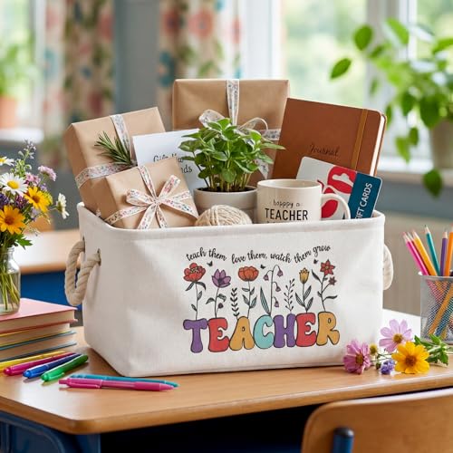 Marsui 1 Pcs Teacher Gift Basket Foldable Linen Storage Basket with Handles - color: White Brown, size: Teacher