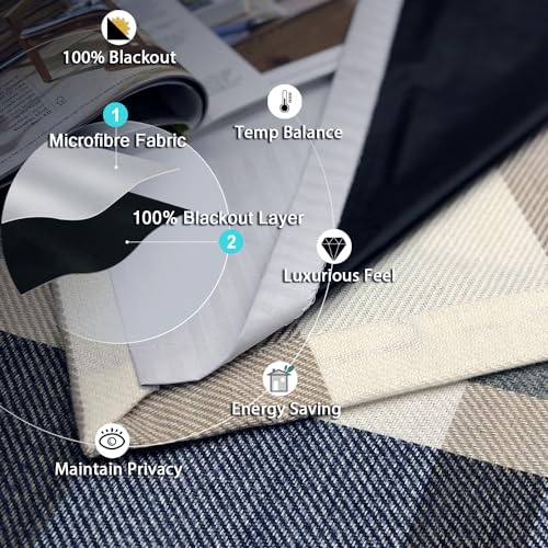 always4u 100% Blackout Plaid Curtains for Bedroom Living Room Woolen Look Black Tartan Grommet Thermal 2 Panels 54 * 84 Blue White - color: Blue White, size: 54"W x 84"L (Pack of 2)