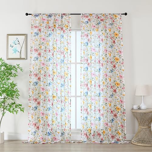 OWENIE Printed Floral Sheer Curtains - 102 inches Long 2 Panels Set for Girls Bedroom Living Room, Soft Airy Light Filtering Textured Farmhouse Sheer Drapes, Rod Pocket Window Treatments, 50" Wx102 L - size: 50"W x 102"L (Pack of 2)