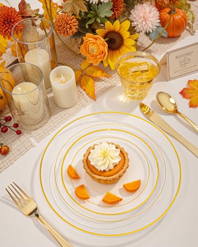 bUCLA 150Pcs Clear Gold Plastic Dinnerware Set - Clear and Gold Disposable Plates Include 25 Dinner / 25 Dessert Plates,25 Knives,25 Forks,25 Spoons,25 Cups for Party - color: Clear Gold