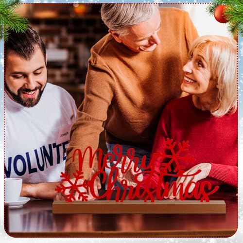 Yaocom 13.78 Inch Merry Christmas Table Sign Xmas Metal Letter Decor Christmas Freestanding Tabletop Decoration with Wooden Base for Home Tiered Tray Centerpiece Mantel Shelf Fireplace - style: Christmas