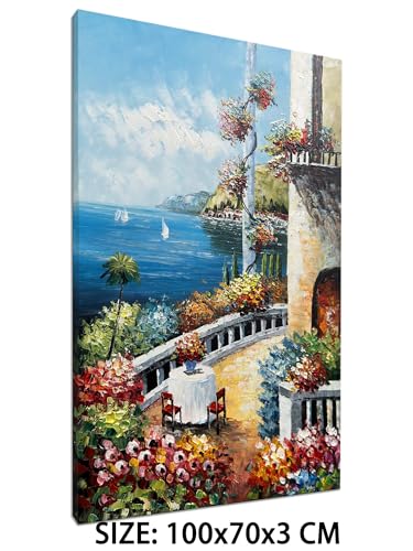 Alenoss Hand Painted Abstract Vertical Canvas Wall Art 28x40 Inches Large 3D Modern Acrylic Painting Mediterranean Sea Landscape Blue Artwork Wall Decor for Home Decorations - color: AL-B85