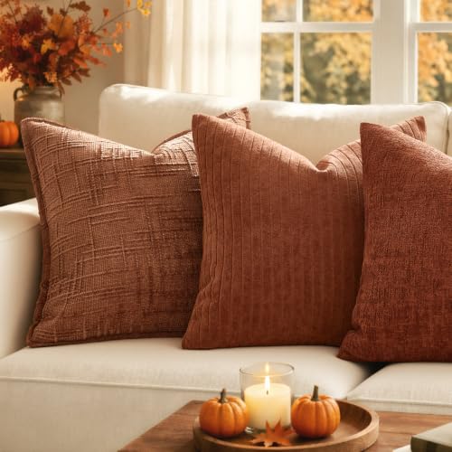 MIULEE Set of 2 Rust Textured Striped Throw Pillow Covers 18x18 Inch - color: Rust, size: 18" x 18" (Pack of 2)
