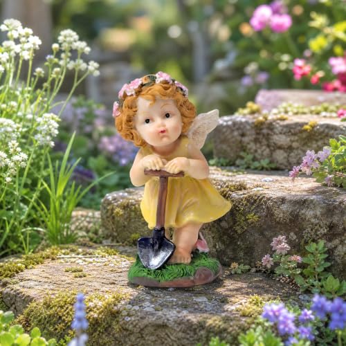 XJar Garden Fairy Figurine, Hand Painted Resin Yard Decor Statue - color: Flower Fairy Gardener-yellow