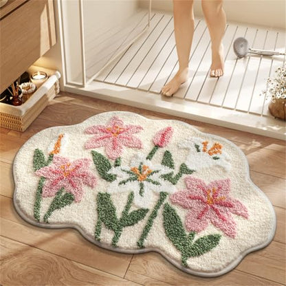 Ankah Shower Rug Bath Mat Forest Series Cartoon Design Bathroom Rug, Fluffy, Soft, Non-Slip, Durable, Absorbent Bath Rug, Irregular Plant Shaped Door Mat and Carpet, 19.7" x 31.5", Lily