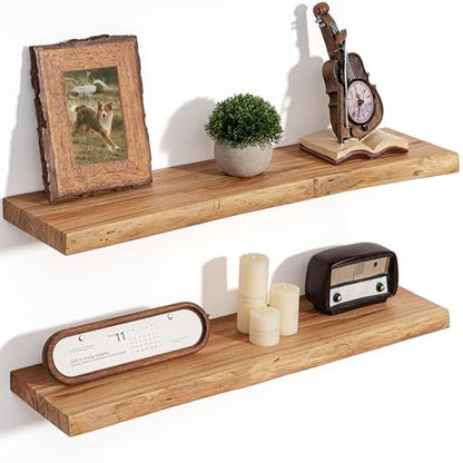 Floating Shelves for Wall, Solid Elm Wood Shelves, 30in Set of 2, Natural - color: Natural, size: Live Edge, 30inch, 2Packs