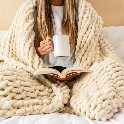 SAMIAH LUXE Chunky Knit Throw Blanket 50x60 in, 6 lb Buttercream Cream - color: Buttercream, size: 50x60in