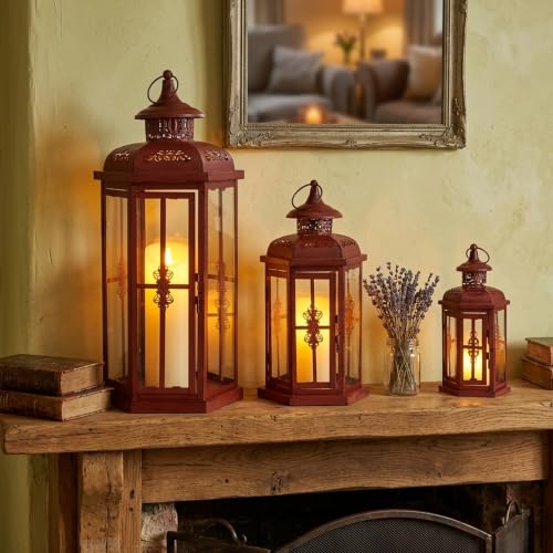 JHY DESIGN Set of 3 Decorative Candle Lanterns 20"&14"&10" H Outdoor Candle Lanterns Vintage Metal Candle Holders for Indoor, Outdoor, Parities, Garden, Porch(Red with Black Brush) - color: 20''&14"&10"h Red