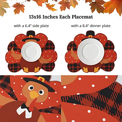Feuille Thanksgiving Placemats Set of 4 - Fall Placemats for Dining Table Orange Brown Plaid, Harvest Turkey Placemats for Fall Autumn Thanksgiving Decorations - style: Turkey