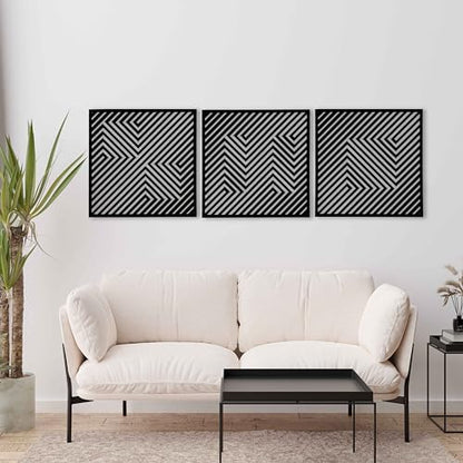 Wood Geometric Wall Art, Large 3D Optical Illusion Wooden Wall Art Modern, Abstract Wood Wall Decor Living Room, 3 Piece Wood Wall Panels