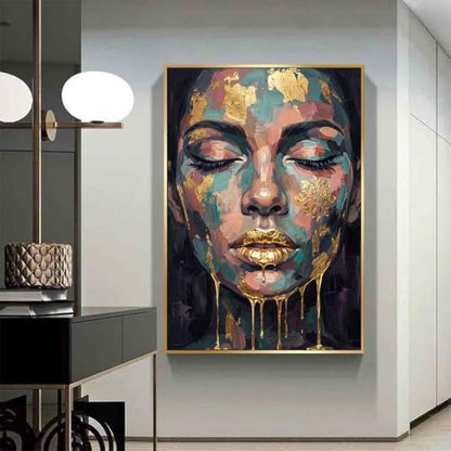 Abstract Face Wall Art Female Portrait Canvas Blue Gold 16x24inch No Frame - color: 4, size: 24"L x 16"W