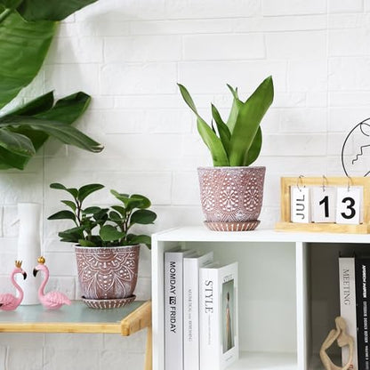 Gepege Ceramic Plant Pots, 6 Inch Indoor Planters with Drainage & Saucers - color: Clay+white, size: 6 Inch - Set of 2