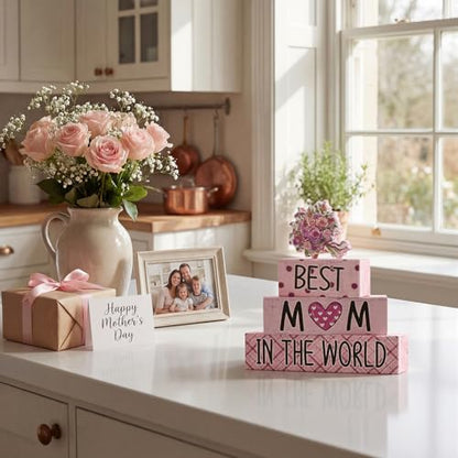 Smile 4 Pcs Mother's day Indoor Wooden Decor, Best Mom In the World Tiered Tray Farmhouse Table Decoration for Home and Office - style: Motherday