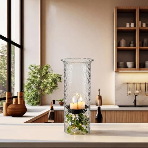 Patelai 15 Inch Large Glass Hurricane Candle Holder for Home Wedding Holiday Centerpiece Decoration Tall Clear Pillar Candle Holder with Removable Metal Insert