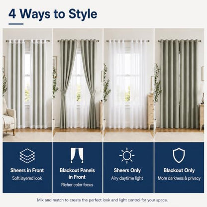 Layered Window Treatments Curtains for Bedroom, Living Room, 4 Panel Set - color: Taupe, size: 54"W x 84"L (Pack of 4)