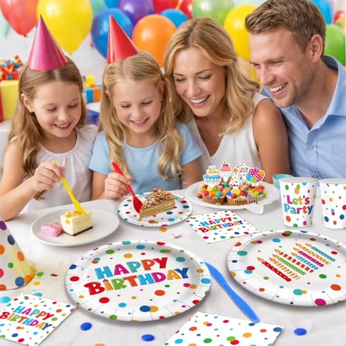 195 Pcs Birthday Party Supplies (Serves 24), Happy Birthday Party Dots Design Decorations Include Banner Hanging Plates Napkins Cups Forks Knifes Tablecloth Topper Balloons for Decorations