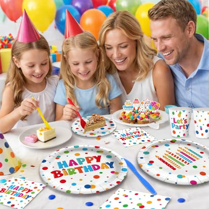 195 Pcs Birthday Party Supplies (Serves 24), Happy Birthday Party Dots Design Decorations Include Banner Hanging Plates Napkins Cups Forks Knifes Tablecloth Topper Balloons for Decorations