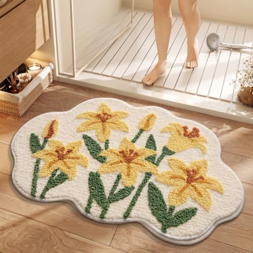 Cloud-Shaped Lily Bath Mat, Soft Non-Slip Fluffy Fresh Flowers Bathroom Rug, Ultra Absorbent Microfiber Shaggy Door Mat, Machine Washable Bath Rug Carpet for Bathtub Bedroom 20x31 Inch (Yellow Lily) - color: Yellow Lily