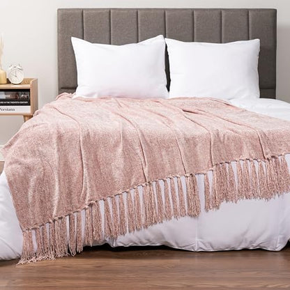 PAVILIA Chenille Throw Blanket, Knit Sofa Couch Tassel Throw, Pink 50x60 - color: Blush Pink, size: 50 X 60 Inches - Throw