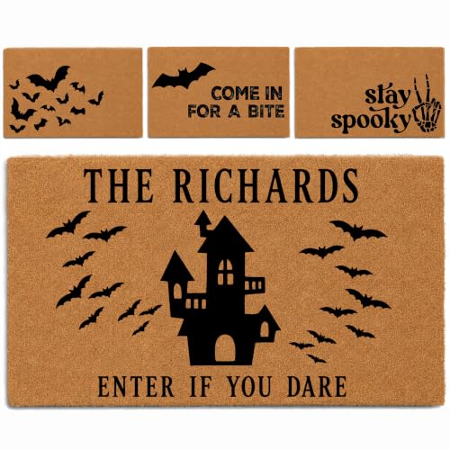 Personalized Halloween Welcome Mat for Front Door, Custom Family Name & Text Doormat, Spooky Pumpkin Bat Ghost Design, Natural Coir Outdoor Indoor Entry Mat, Non Slip Seasonal Porch Decor