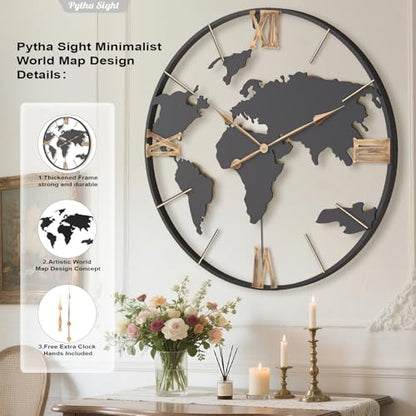 Pytha Sight 36 Inch Large Extra Metal Oversized Roman World Map Wall Clock - color: Black Roman, size: 36 inch