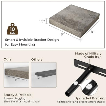 RICHFOCUS 8Inch Square Floating Shelves for Wall 4Pack|Grey - color: Grey, size: 8"L x 8"D, Set of 4