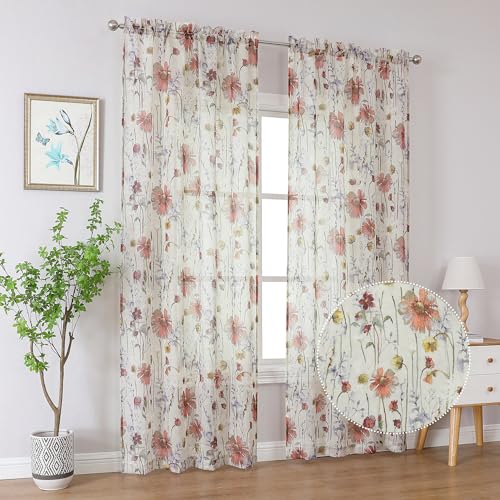 OWENIE Crushed Sheer Curtains 84 Inch Length 2 Panels Set, Sheer Floral Curtains Printed Drapes on Sheers for Living Room, Rod Pocket Light Filtering Window Sheers (2 Panels, 42" x 84") (Pack of 2) - size: 42"W x 84"L (Pack of 4)
