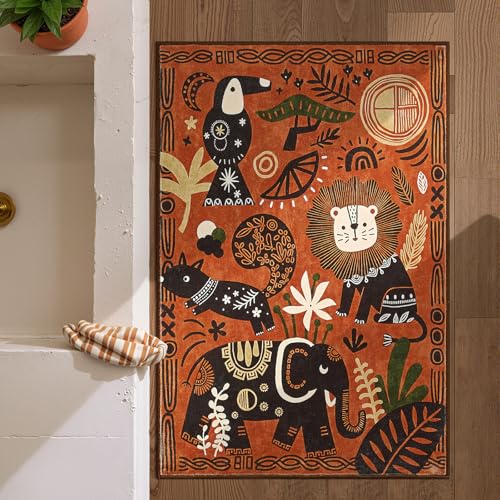 jinchan 2x3 Cute Area Rug Kids Washable Fun Rug Terracotta Boho Jungle Mat - color: Jungle Parade Orange, size: 2' x 3' (Rectangular)