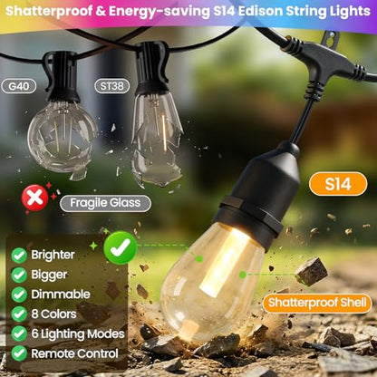 Larkvue 96FT(2X48FT) RGBW Outdoor String Lights with Remote, 8 Modes, Black