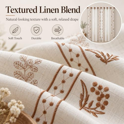 Beige linen blend brown embroidery FloralGrommet Curtains, 55”*83“ 2 Panels - color: Brown, size: 55"W x 83"L (Pack of 2)