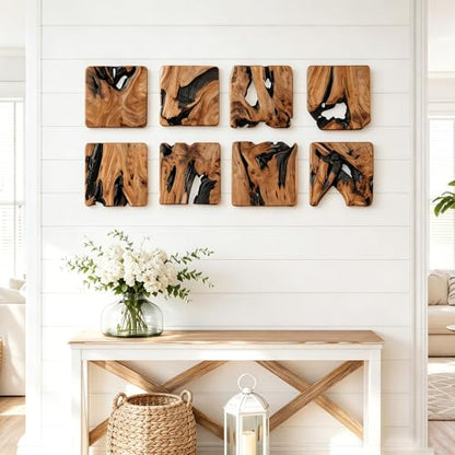 BOTALEGRE 4-Piece Cedar Wood Wall Art Set, Rustic Abstract Home Decor