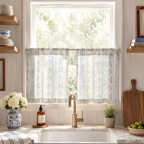 jinchan Linen Striped Tier Curtains for Kitchen Windows Boho - color: Boho Blue | on Beige, size: 26"W x 20"L (Pack of 2)