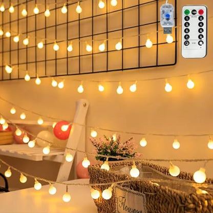 Globe String Lights, 32.8 FT 80 LED USB Powered Waterproof Timer 8 Modes Fairy String Lights with Remote for Bedroom Christmas Party Patio Garden Indoor Wedding Decor, Warm White, 10M