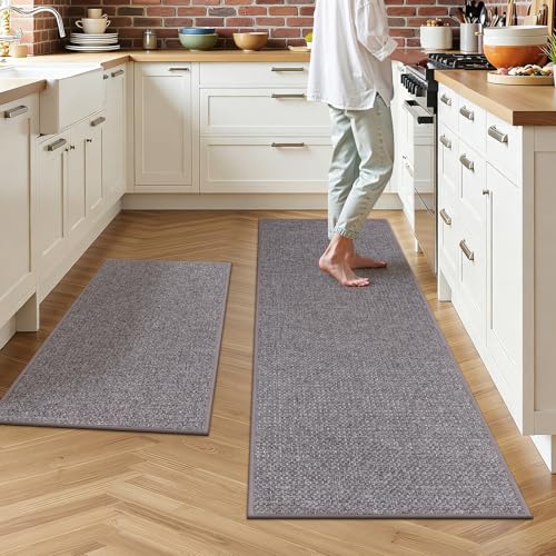 Ileading Kitchen Rugs Set of 2, Anti Fatigue Cushioned Floor Mats for Kitchen, Non Slip Rubber Backing Polypropylene Woven Runner Rug, Heavy Duty & Slip Resistant Standing Mat - color: Gray&brown, size: 19"x31.5"+19"x59"