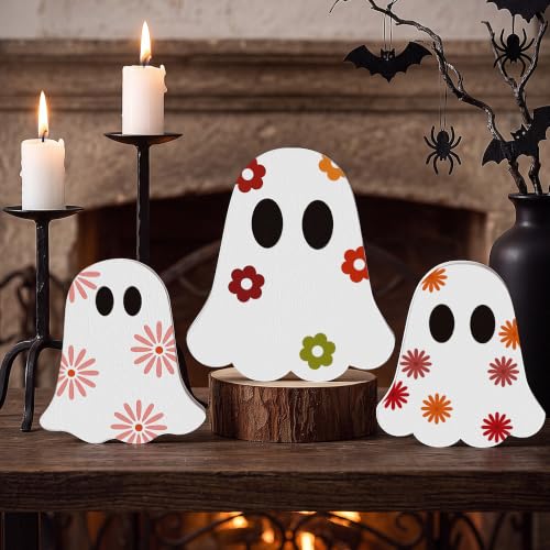 Gerrii 3 Pcs Cute Ghost Halloween Table Decorations Indoor, Floral Ghost Wooden Block Signs, Halloween Tiered Tray Decor, Holiday Tabletop Centerpieces for Holiday Party Home Office Shelf Display - style: Floral