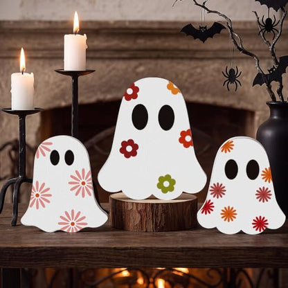Gerrii 3 Pcs Cute Ghost Halloween Table Decorations Indoor, Floral Ghost Wooden Block Signs, Halloween Tiered Tray Decor, Holiday Tabletop Centerpieces for Holiday Party Home Office Shelf Display - style: Floral