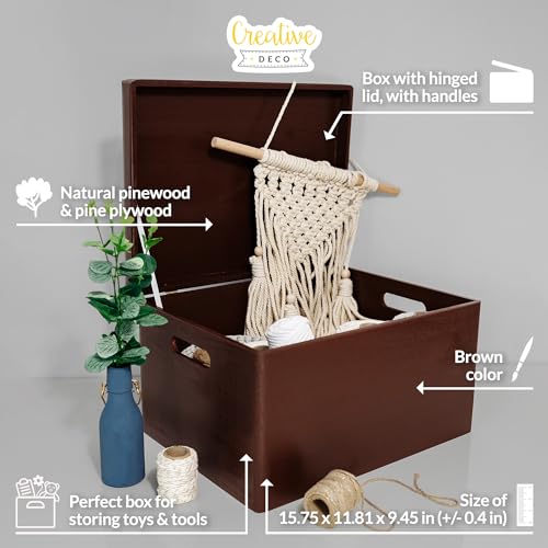 Creative Deco Large Brown Wooden Box Storage with Hinged Lid - color: Brown, size: XXL | Handles