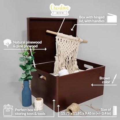 Creative Deco Large Brown Wooden Box Storage with Hinged Lid - color: Brown, size: XXL | Handles