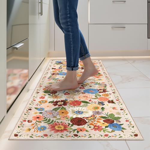 Beige Floral Hallway Runner Rug 2x5 for Bedroom Kitchen - color: Blush Beige, size: 2' x 5' (Rectangular)
