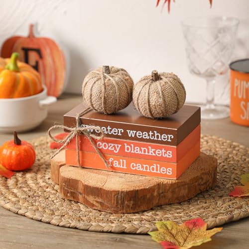 Fall Tiered Tray Decor, Wood Book Stack with Maple Leaves & Pumpkins - color: Book & Linen Pumpkin