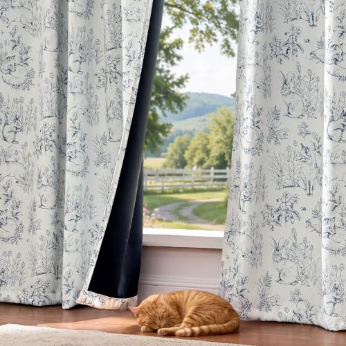 jinchan Blue Blackout Curtains 84 Inch Woodland Back Tab 2 Panels - color: Blue on Beige, size: 50"W x 84"L (Pack of 2)