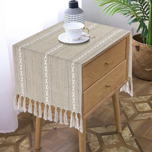 Bedside Table Runner 15.7 x 36 inches, Rustic Linen Small Coffee Table Cover Cloth, Nightstand Cover for Top, Boho Dresser Scarf for End Table, Fall Farmhouse Home Decor (44'' with Tassels) - color: Coffee, size: 36 inch