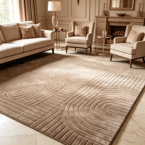 Brown Solid Area Rug 5x7, Washable Living Room Rug, Ultra Soft Indoor Rugs for Bedroom, Modern Geometric Boho Pattern High-Low Textured Carpet for House Apartment, Home Office Decor - color: Light Brown, size: 5' x 7' (Rectangular)