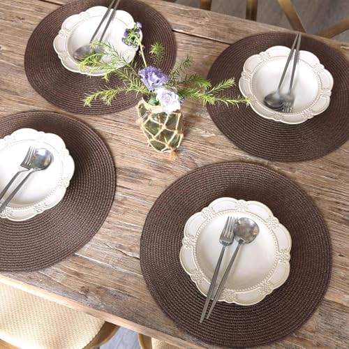 FunWheat Round Braided Placemats Set of 4 Table Mats for Dining Tables Woven Washable Non-Slip Place mats 15inch (Brown, 4pcs) - color: Brown, size: Set of 4