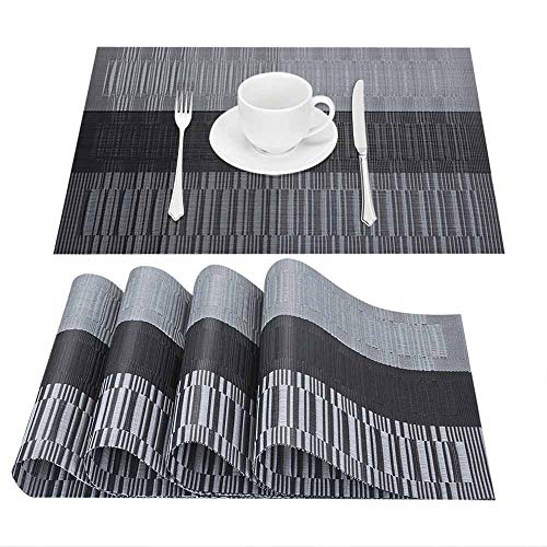 GIVERARE Placemats Set of 4, Heat-Resistant Woven Vinyl Placemat, Non-Slip Washable PVC Table Mat, Easy to Clean Premium Plastic Mats for Dining, Kitchen Table (Black+Gray) - color: Black+gray